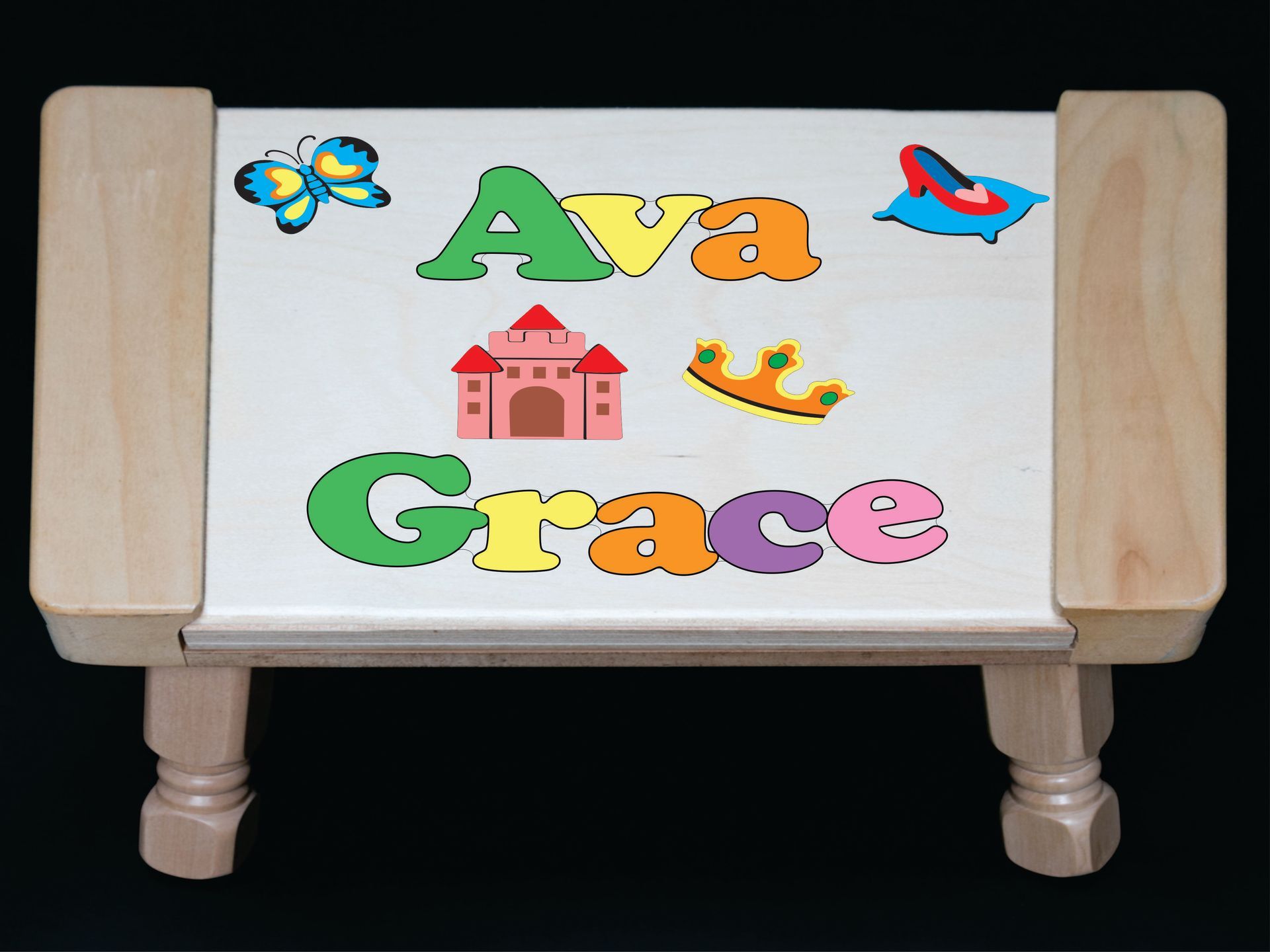 Custom 2 Name Princess Theme Puzzle Stool in upper and lower case letters - Primary or Pastel - (FREE SHIPPING)