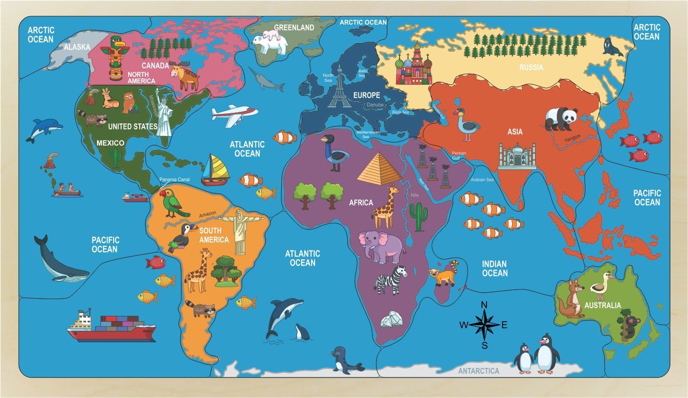 World Map Puzzle - naming the Continents, Oceans and Larger Countries - (FREE SHIPPING)