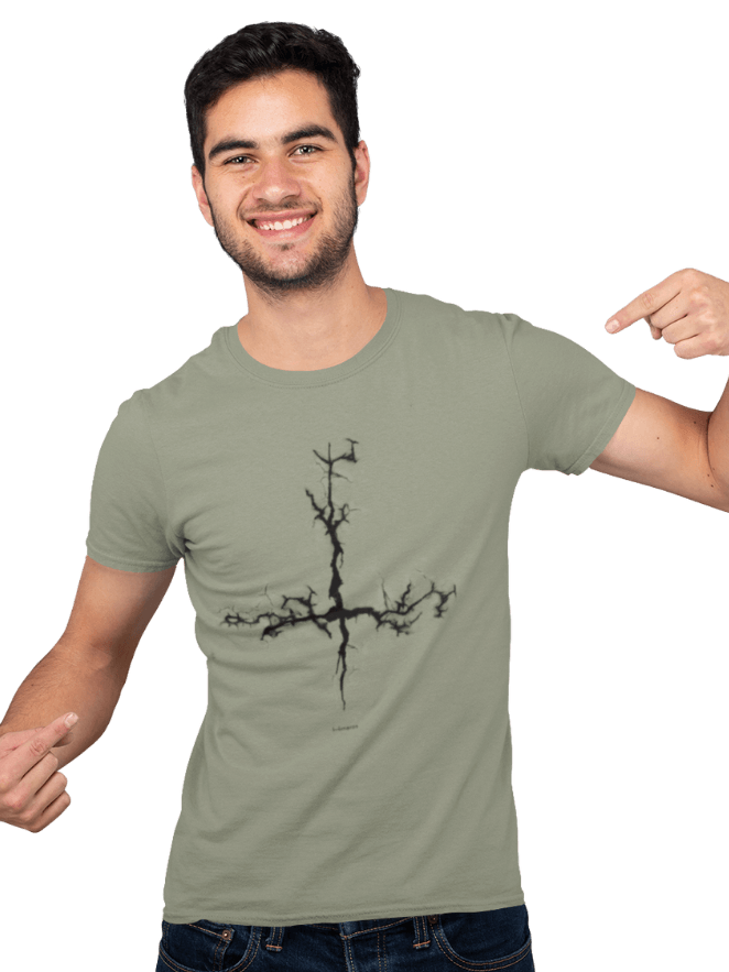 A man proudly pointing at his t-shirt