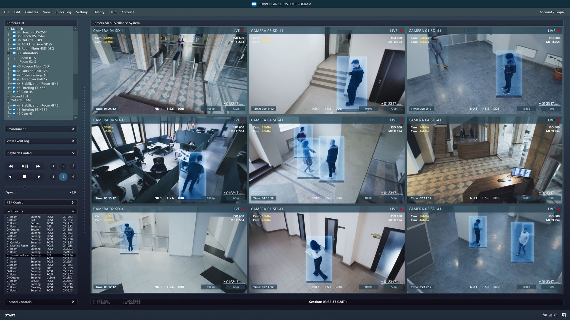 CCTV cameras playback on the computer screen, showcasing people walking in the coworking office.