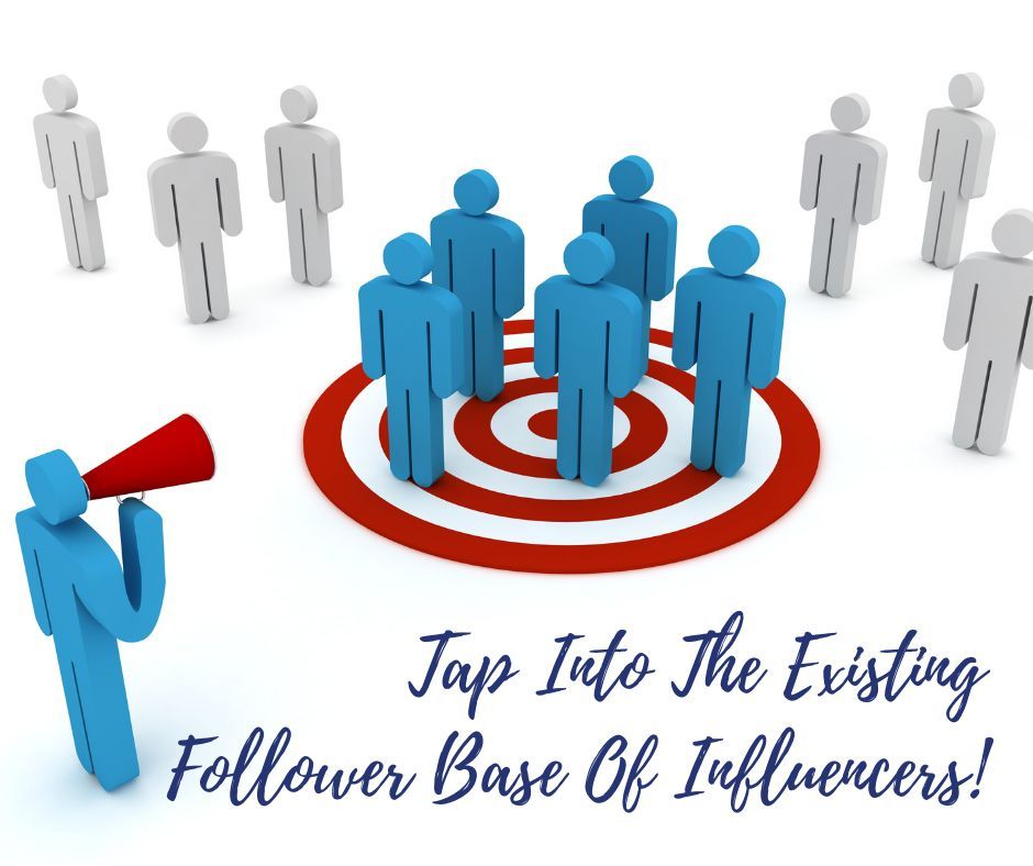 A man is holding a megaphone in front of a group of people and says tap into the existing follower base of influencers