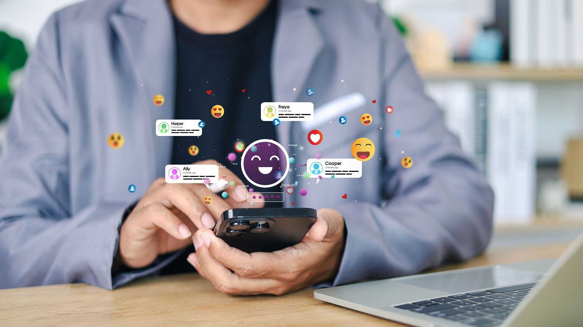 Social media and digital online concept, man using smart phone with Social media. online marketing, technology, chat, post, like, follow at phone screen