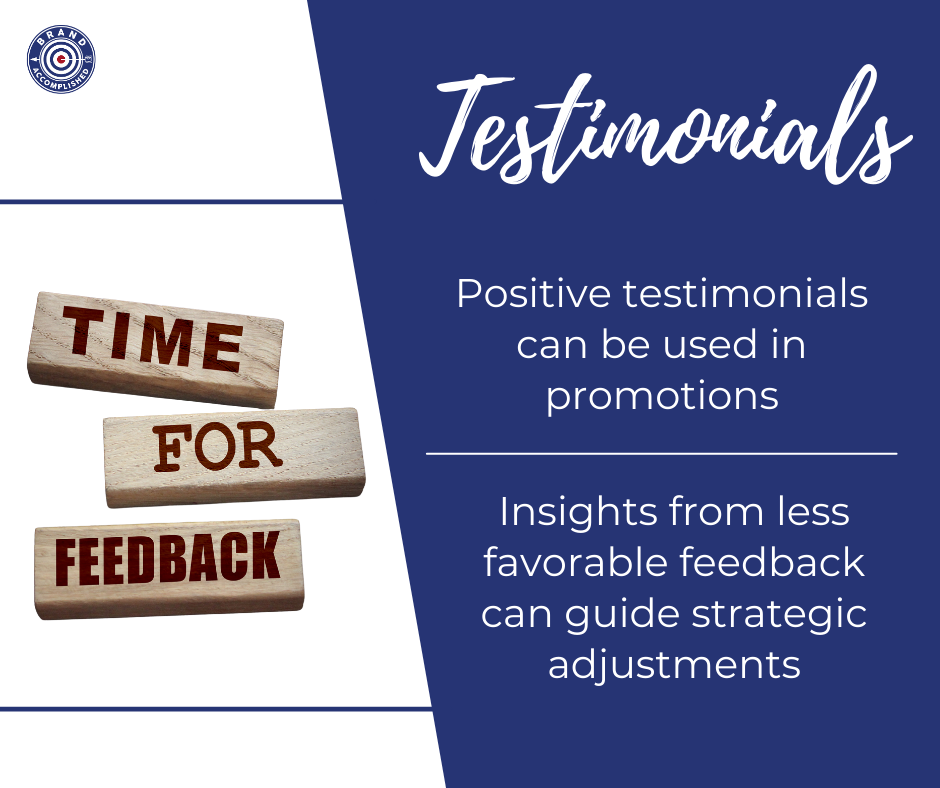 A poster that says testimonials positive testimonials can be used in promotions insights from less favorable feedback can guide strategic adjustments