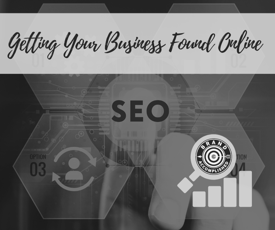 Getting Your Business Found Online SEO concept graphic with digital icons with Brand Accomplished
