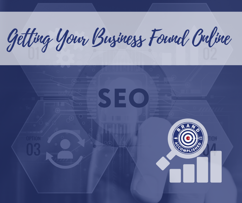 Getting Your Business Found Online – SEO concept graphic with digital icons and Brand Accomplished logo
