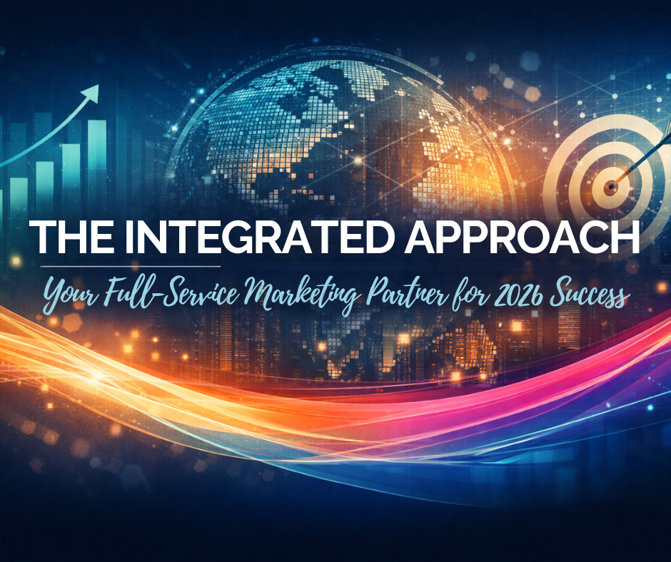 Graphic promoting integrated marketing approach with globe, target, and bar graphs; focus on success.