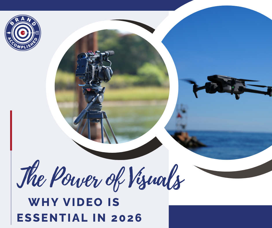 A camera on a tripod and a drone flying against a blue sky, text: