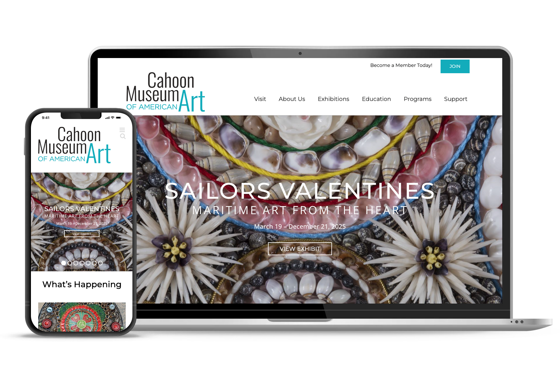 Cahoon Museum of Art website on phone and laptop; Sailors' Valentines exhibit displayed.