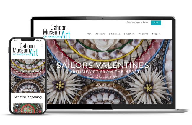 Cahoon Museum of Art website on phone and laptop; Sailors' Valentines exhibit displayed.