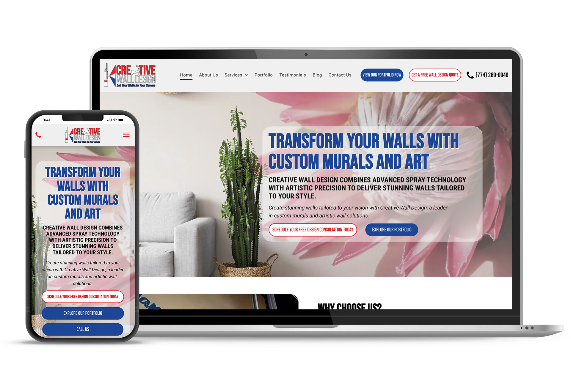 A laptop and a cell phone are displaying a website for a company called transform your walls with custom murals and art.