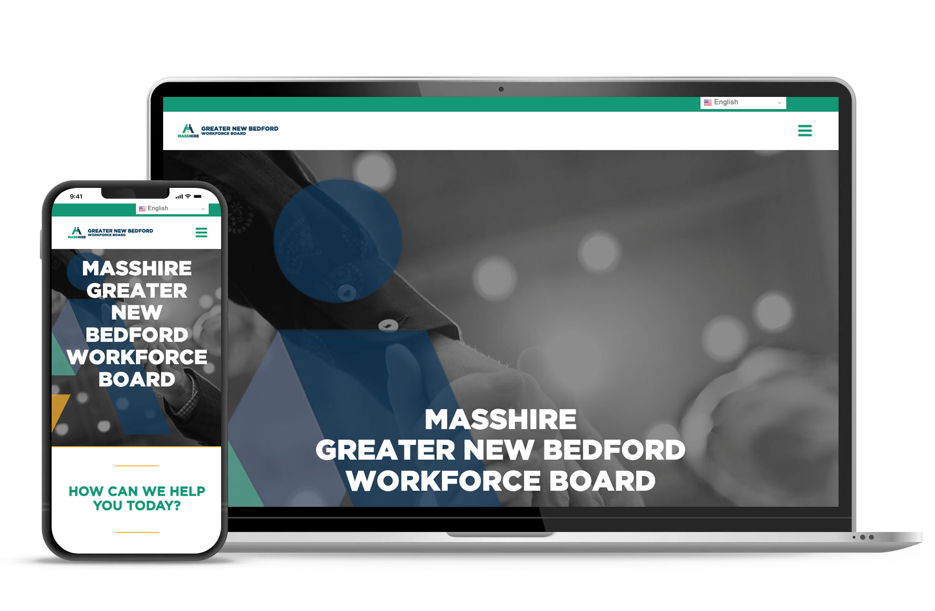 MassHire Greater New Bedford Workforce Board website displayed on a phone and laptop.