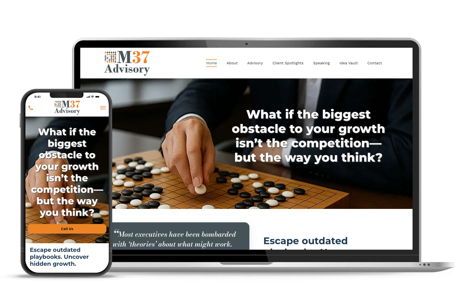 A smartphone and laptop display the M37 Advisory website, with the headline "What if the biggest obstacle to your growth isn't the competition—but the way you think?"