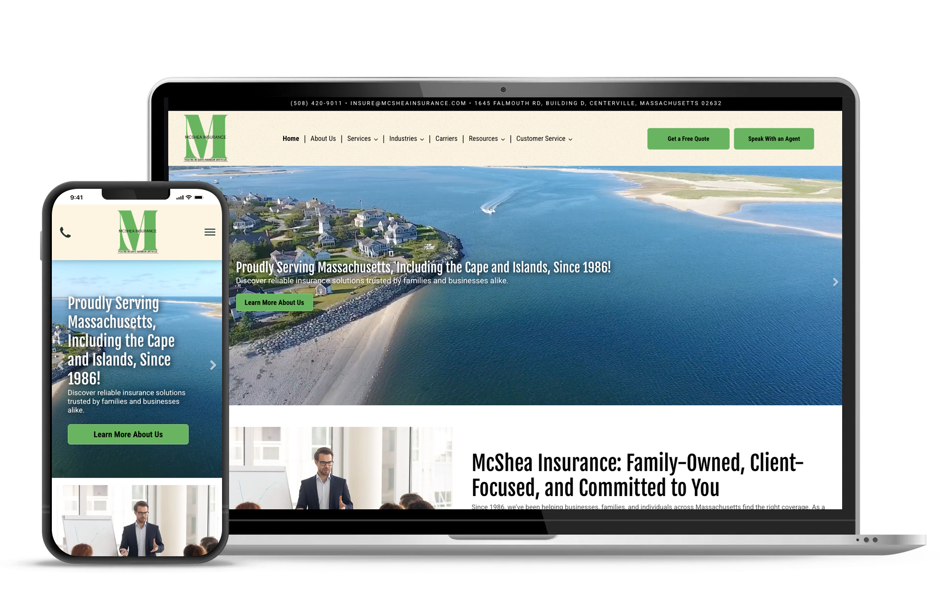 Website on a laptop and phone, featuring oceanfront property views and a logo, in greens and whites.