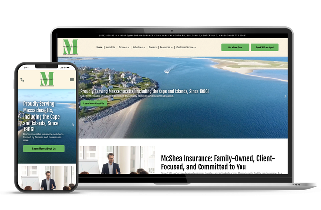 Website on a laptop and phone, featuring oceanfront property views and a logo, in greens and whites.