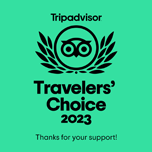 Tripadvisor travelers choice 2023 logo on a green background.