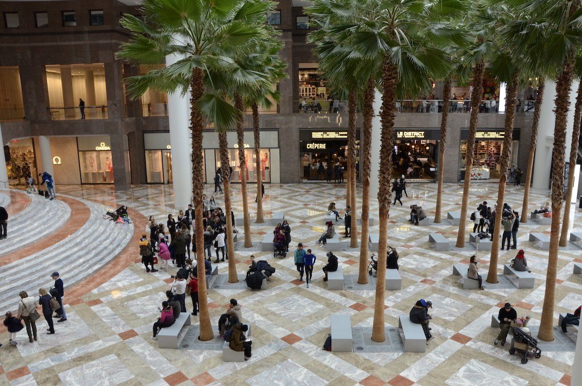 The expansive relaxing area in Brookfield Place lined with palm trees.