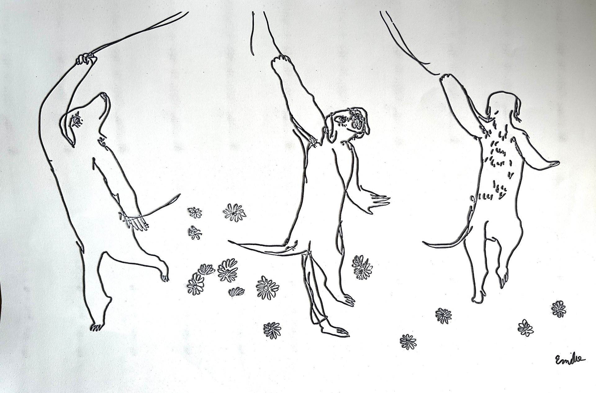 A black & white photo of three dogs with their paws reaching upward to grab onto strings.  In between the dogs are flowers. The name Emilie is scribed at the bottom right of this photo. This is a partial sketch/depiction of Emilie's exhibit.