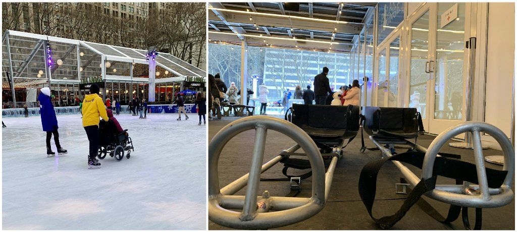 The rink is in view with the host wearing a bright yellow jacket wheeling Annie on the snow with the Lodge in the background. The next image is of two adaptive sleds for children with disabilities to get onto the rink. Wheelchair accessible winter activities in New York City. Wheelchair accessible rink at Bryant Park.