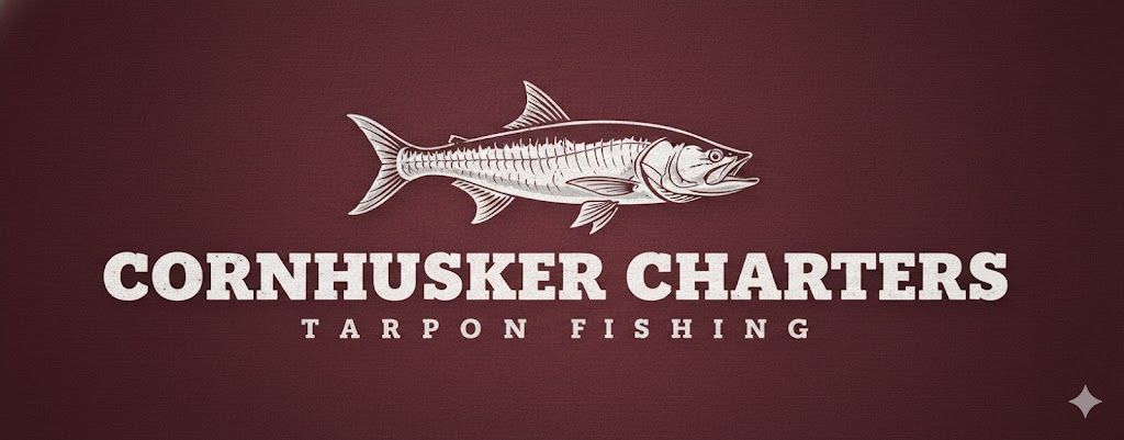 Logo for Cornhusker Charters with a fish illustration on a burgundy background.