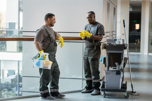 Two cleaning workers are standing next to each other in a hallway.