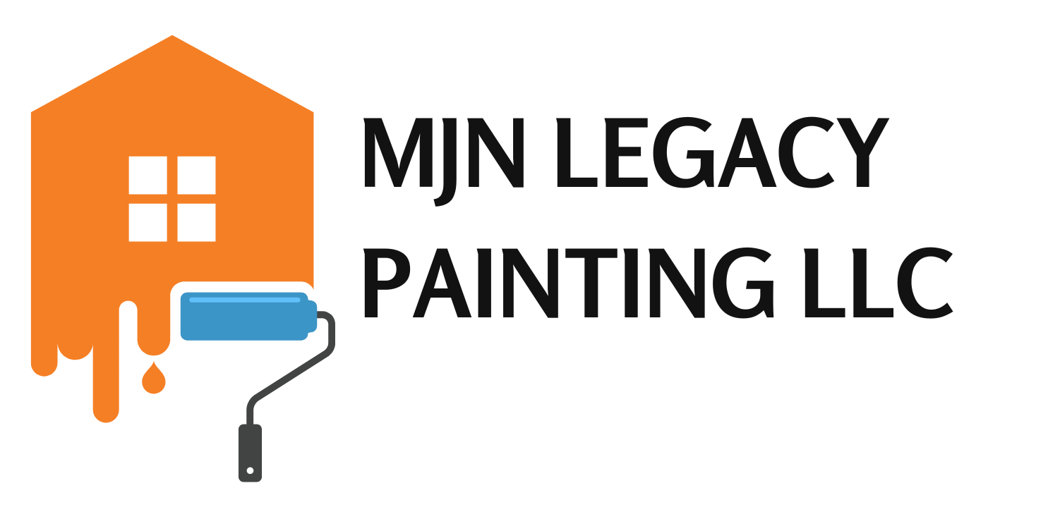 A logo for mjn legacy painting llc with a house and a paint roller.