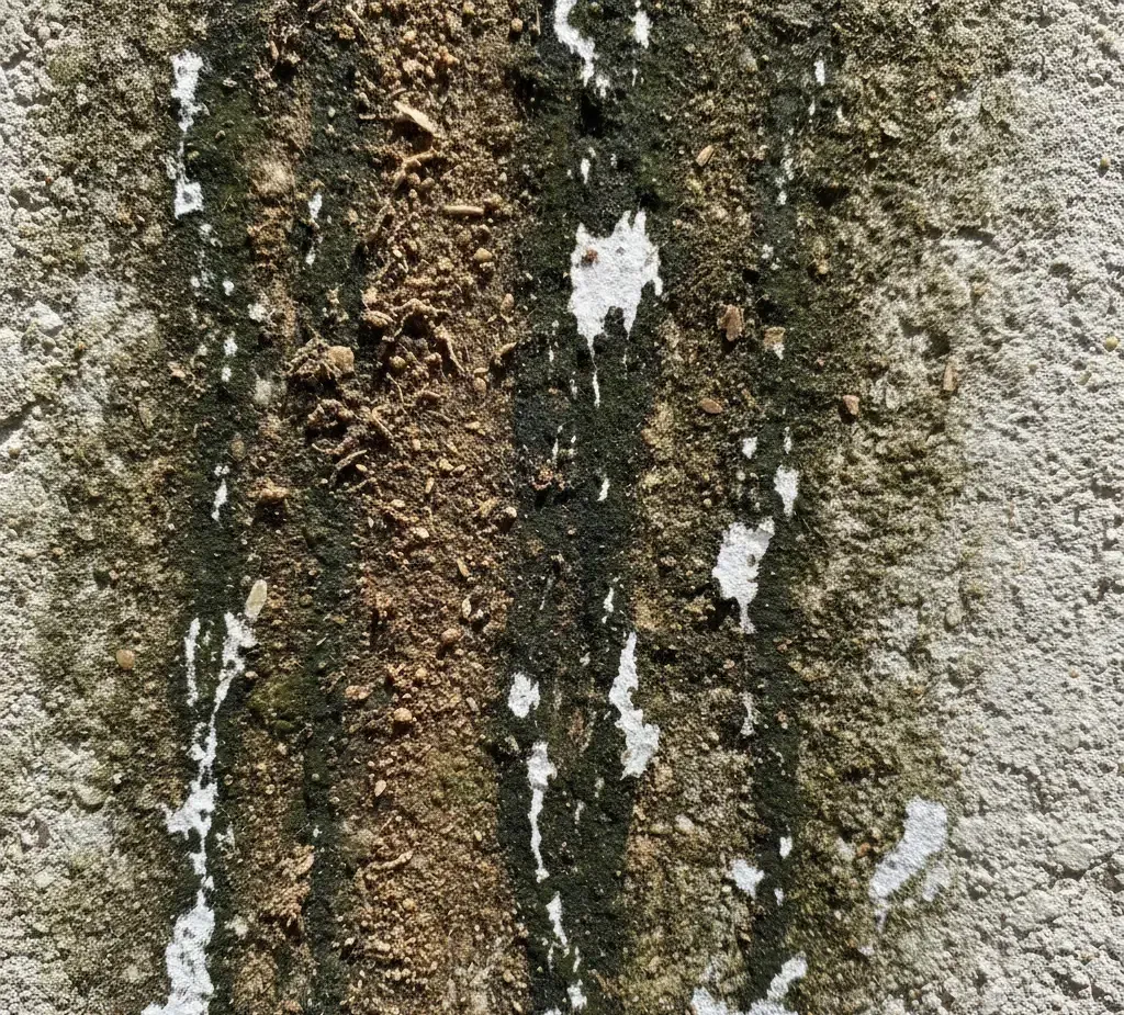 Close-up of a weathered, textured wall with dark green and brown streaks against a gray background.