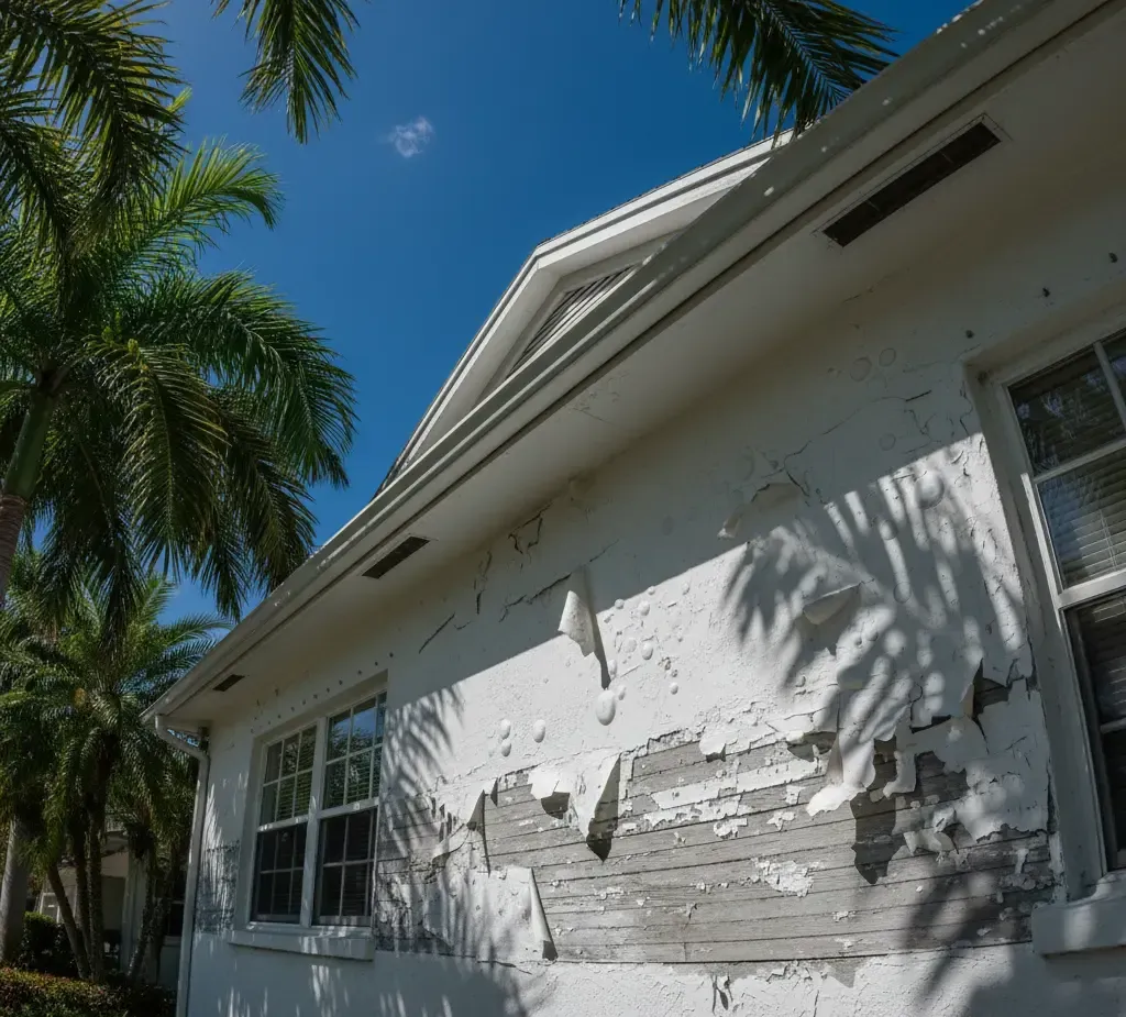 White house exterior with peeling paint, windows, and palm tree shadows against a blue sky.