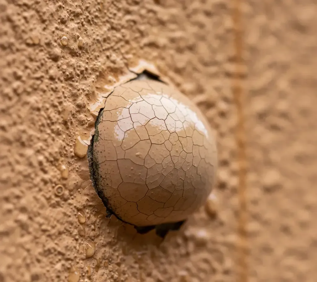 A round, cracked, beige object on a textured brown wall, possibly a fungus or growth.