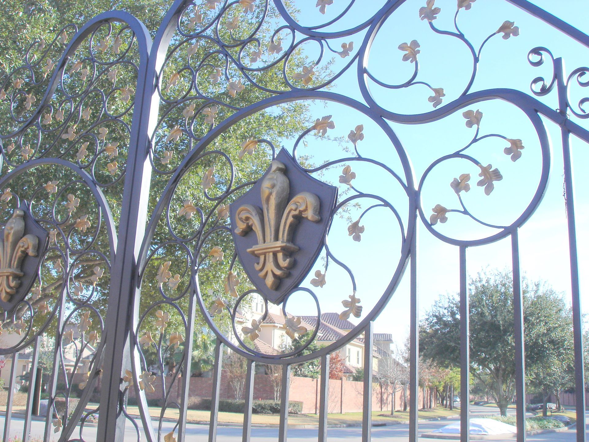 A wrought iron gate with a fleur de lis on it