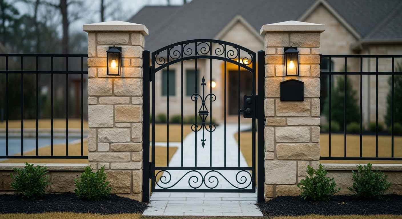 Custom wrought iron pedestrian entry gate set into perimeter fencing at a West Houston residential