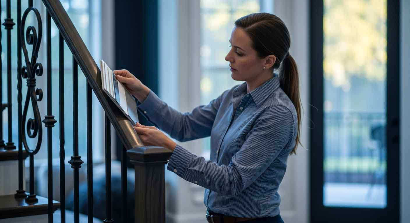 Interior designer reviewing custom iron stair railing samples in Houston home
