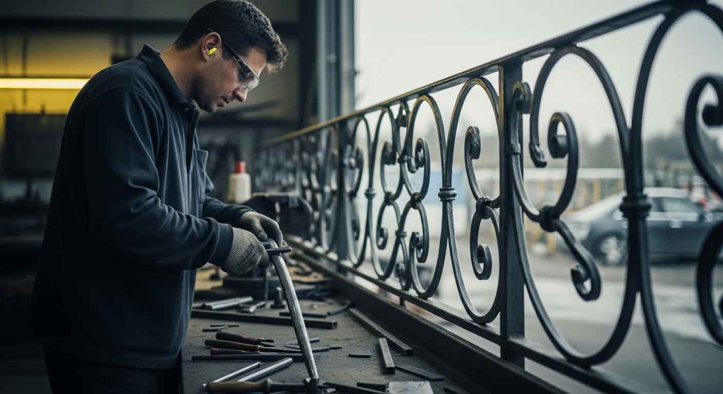 Craftsman working on custom iron railing in a Houston metal fabrication shop