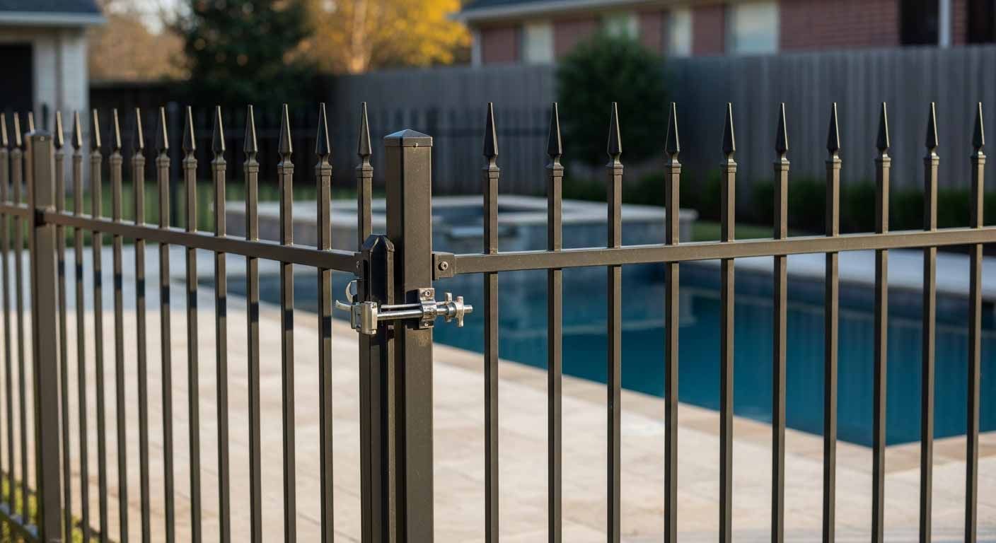 Custom ornamental iron pool fence with vertical pickets and self-latching gate at a West Houston res