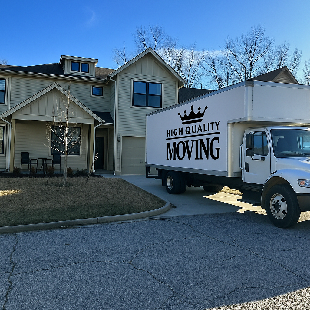 A white moving truck parked in front of a tan two-story house with a