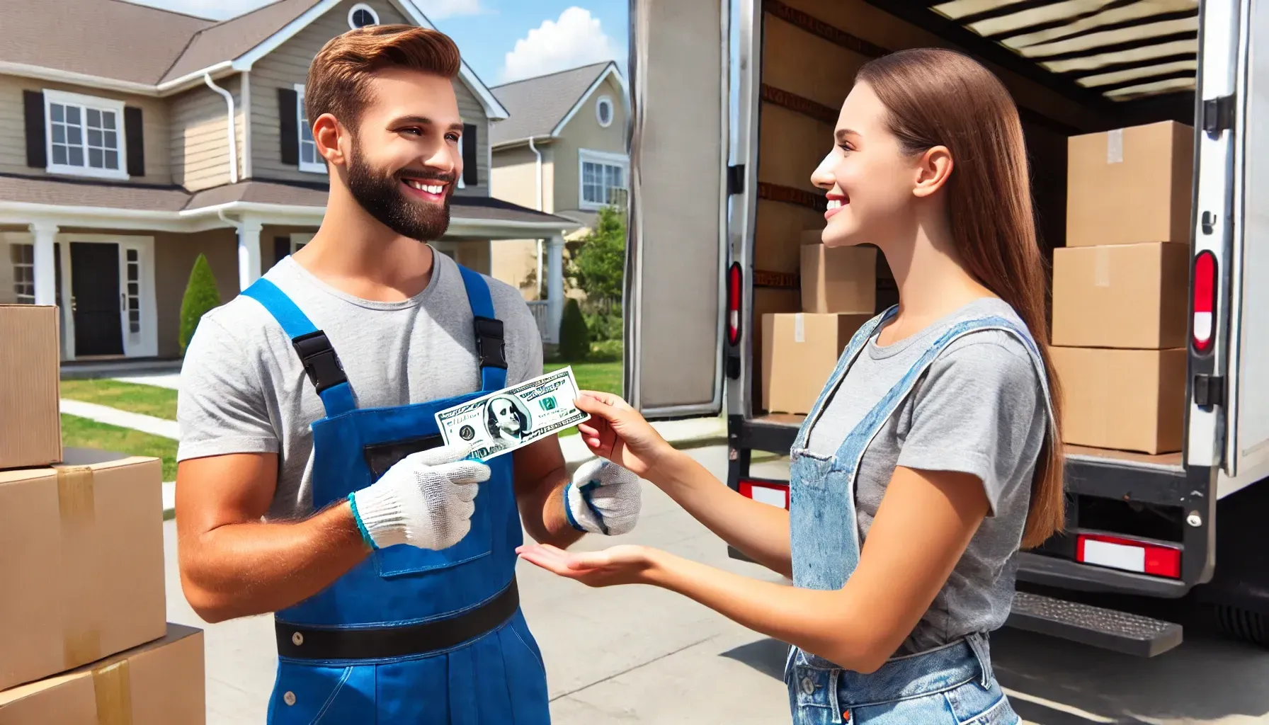 A man is giving a woman a dollar bill in front of a truck.
