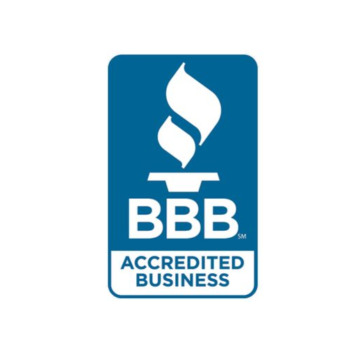 A blue and white bbb accredited business logo