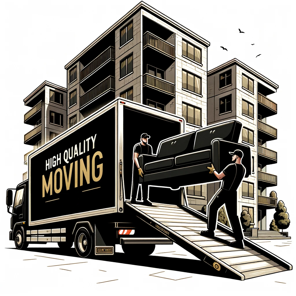 A moving team is loading a couch into a moving truck