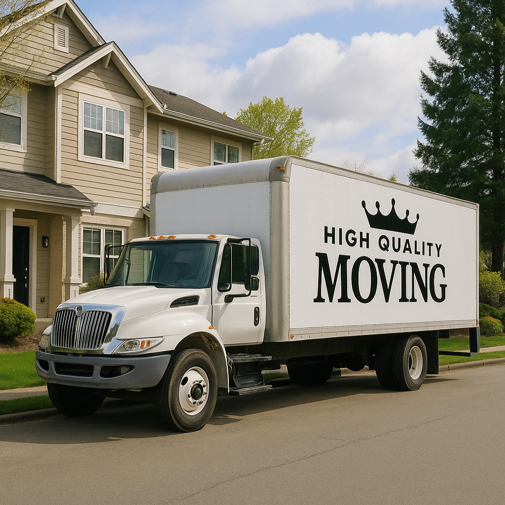 White moving truck parked in front of a house, advertising