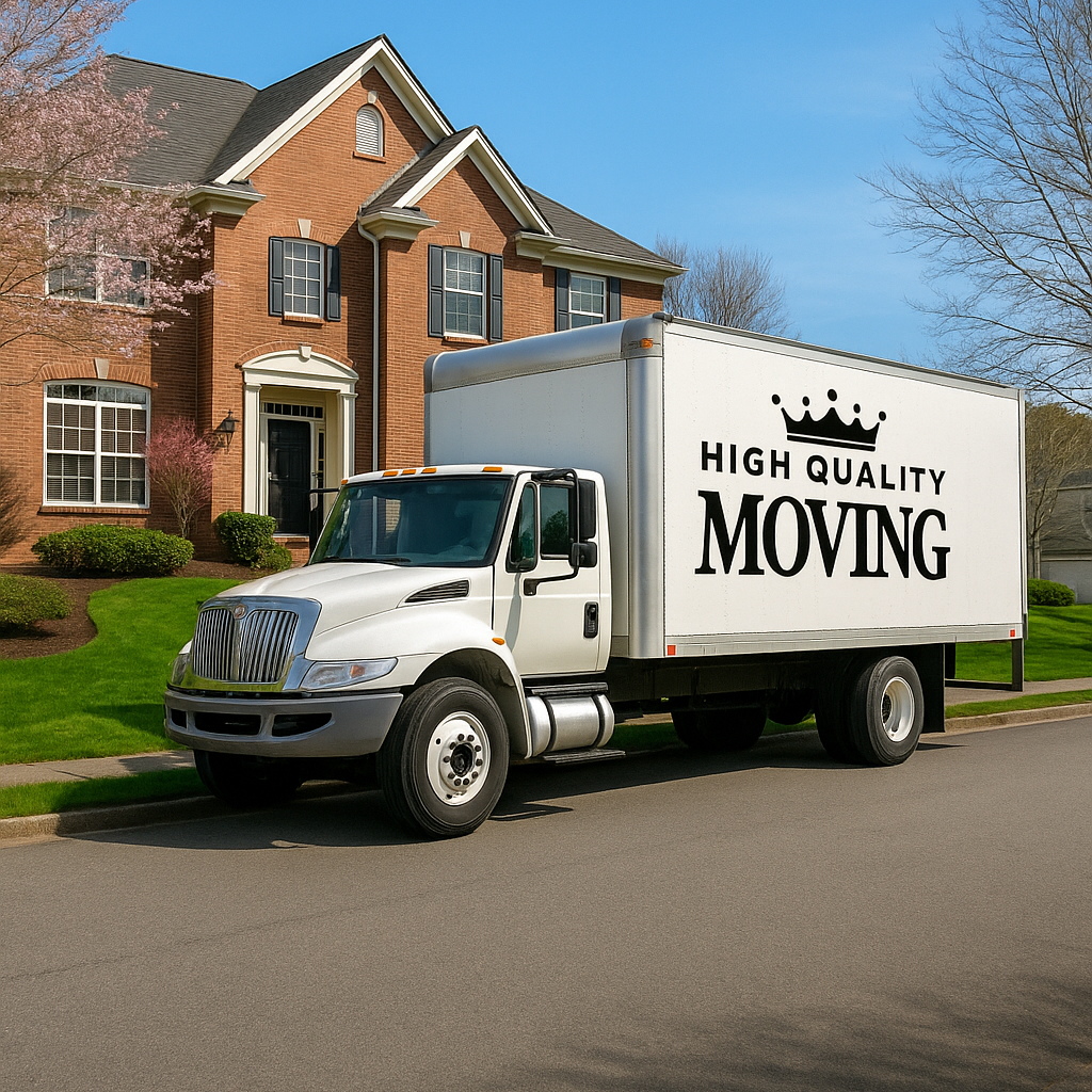 Moving truck parked in front of a house. White truck with “High Quality Moving” on the side.