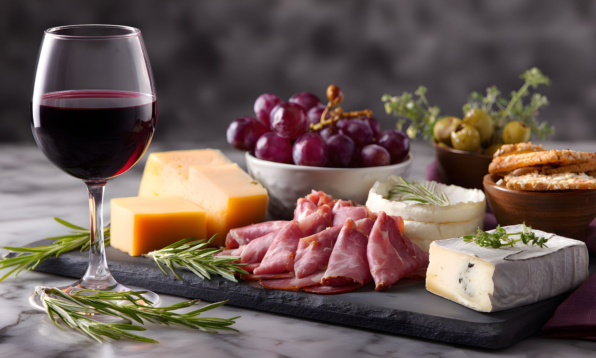 Een snijplank belegd met kaas, druiven, ham en een glas wijn.