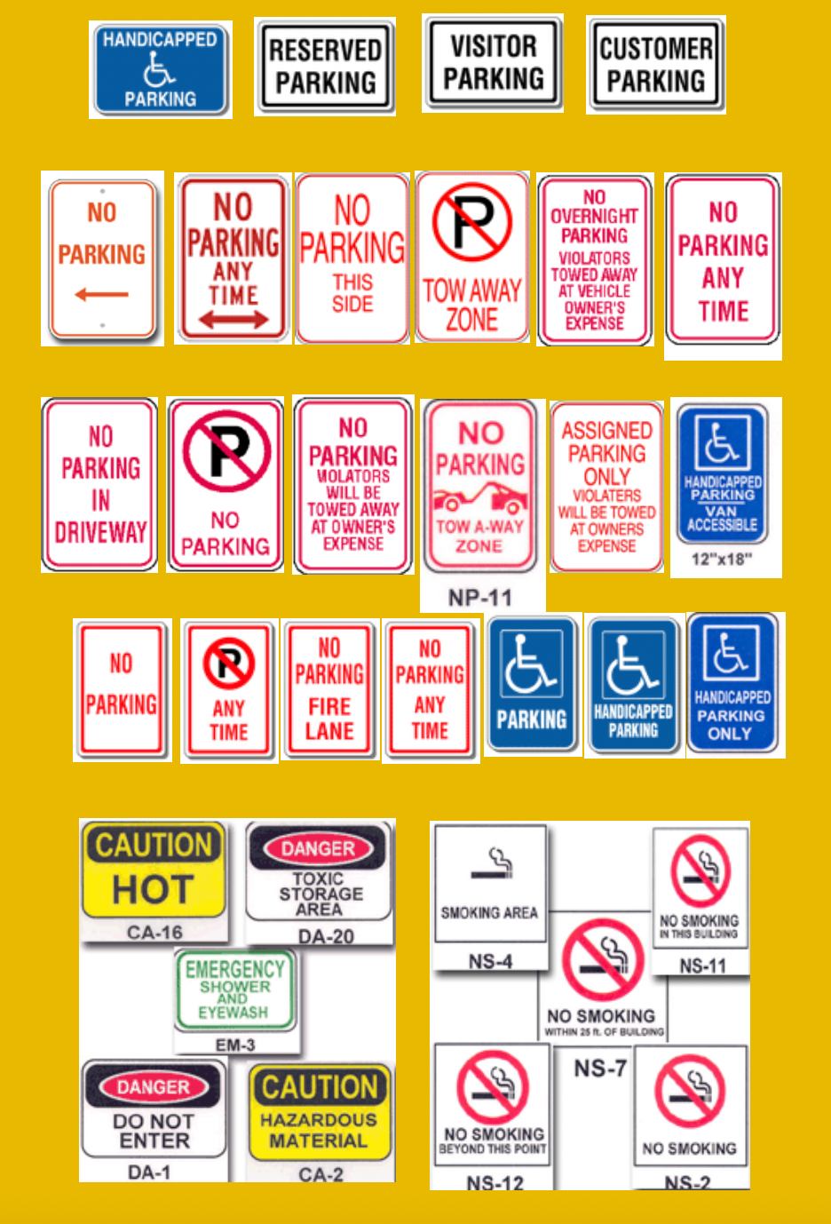 There are many different types of parking signs on a yellow background.