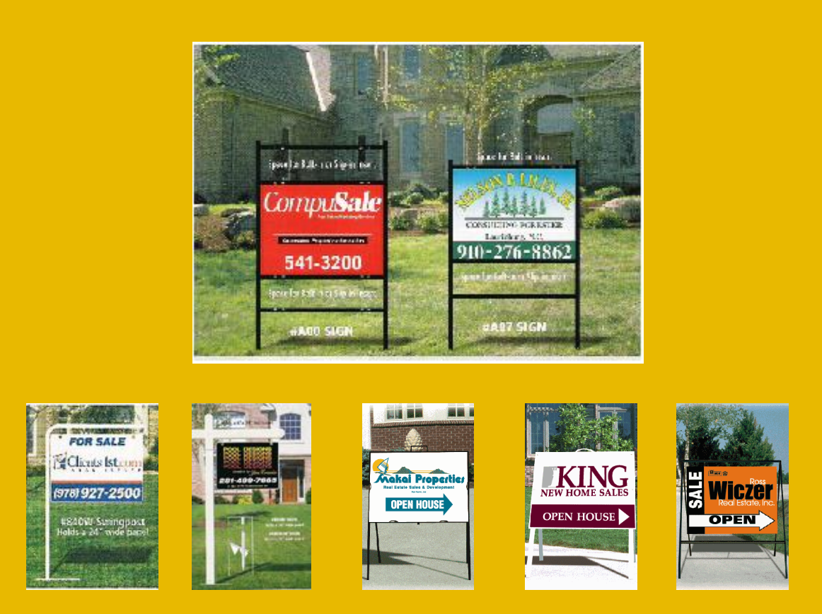 A bunch of real estate signs on a yellow background