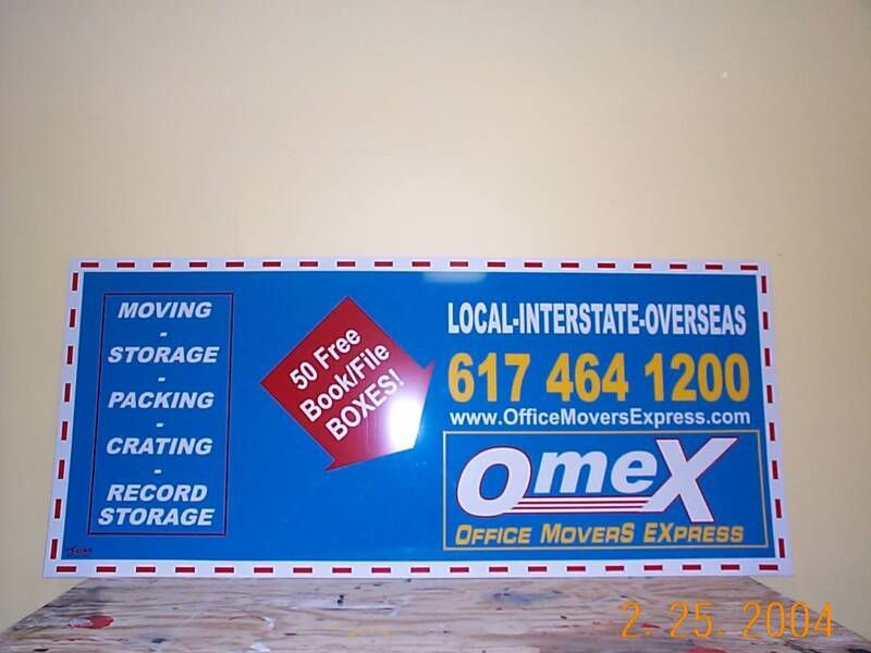 A blue sign for omex office movers express