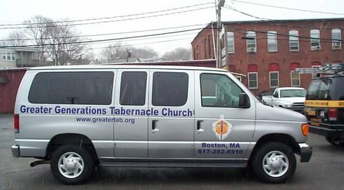 A silver van that says greater generations tabernacle church