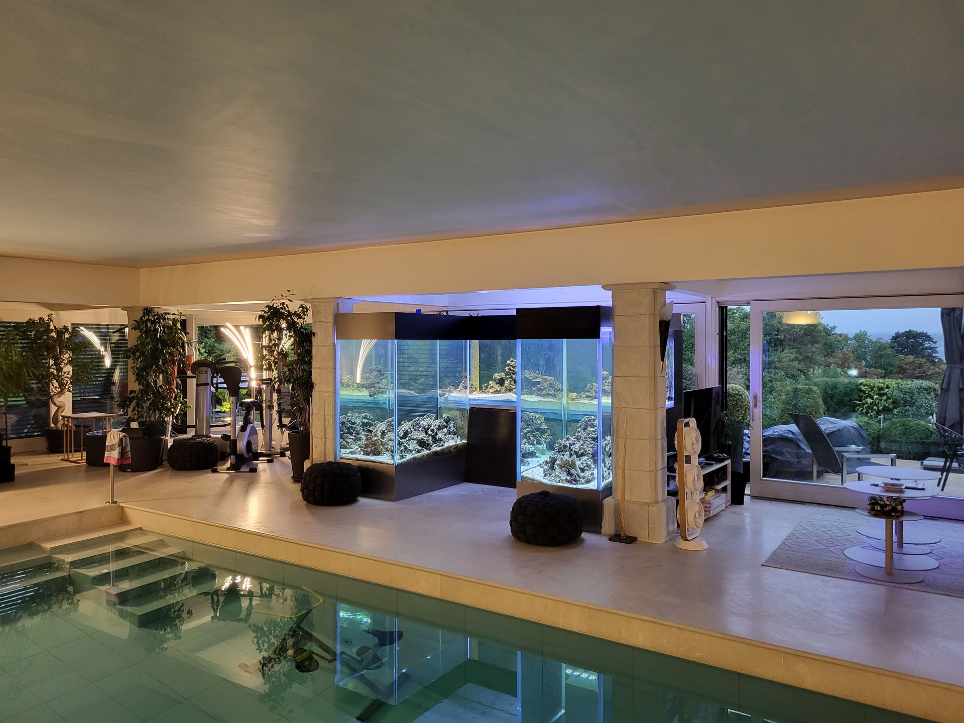 Piscine intérieure avec un grand aquarium. Plantes, appareils de fitness et terrasse extérieure visibles.