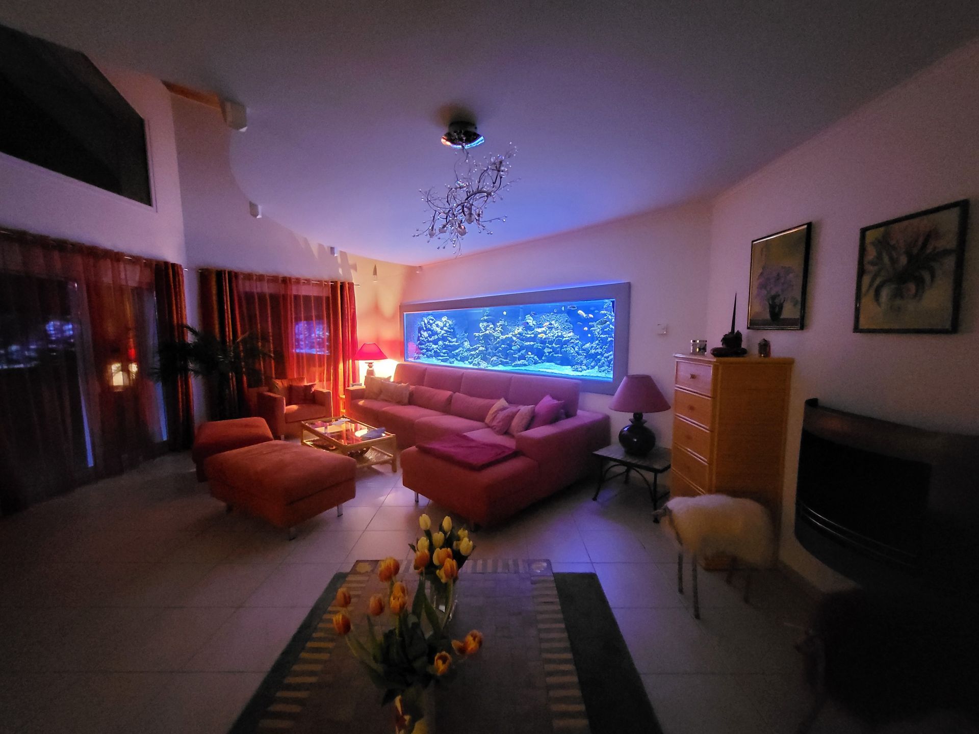 Salon avec grand aquarium, canapé rose, rideaux rouges et éclairage coloré.