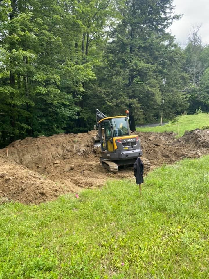 An excavator digging in a large dirt pit in a grassy field near a wooded area.