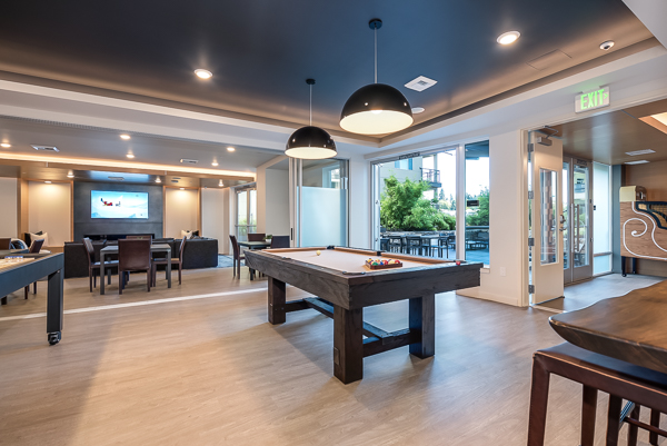 Photo of the game room, showing a pool table
