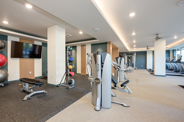 Photo of the gym showing excercise balls, benches for lifting and more