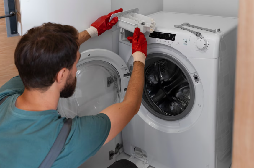 Persona con guantes rojos, retirando el dispensador de detergente de una lavadora blanca.